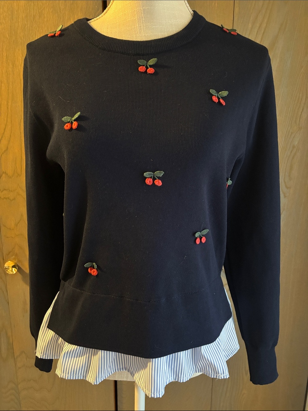 Nanette Lepore Cherry Twofer Sweater Embroidered Striped Ruffle Navy White Top